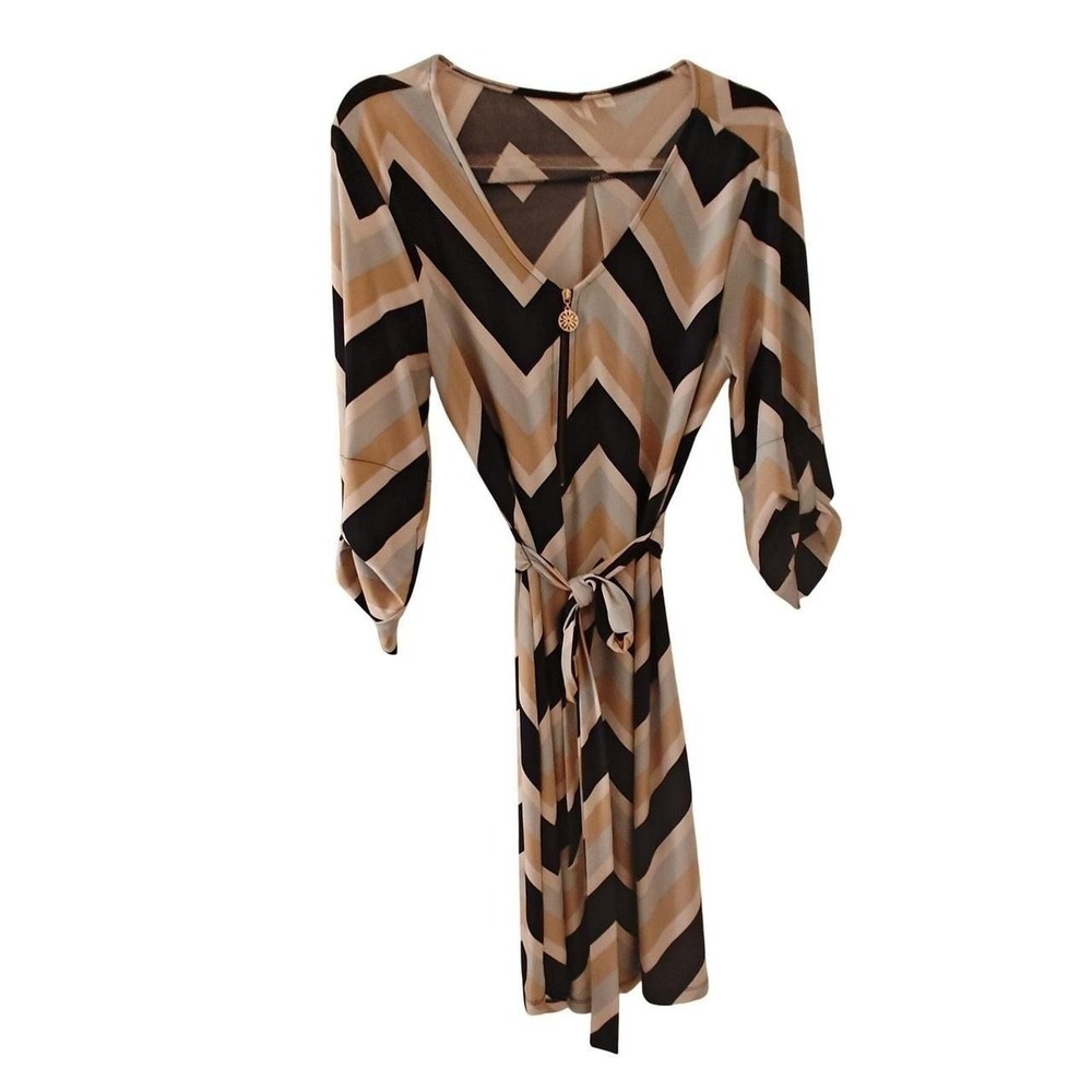 Tacera Dress Black Tan Chevron Geometric Zip Front‎ Roll Tab Sleeve Large